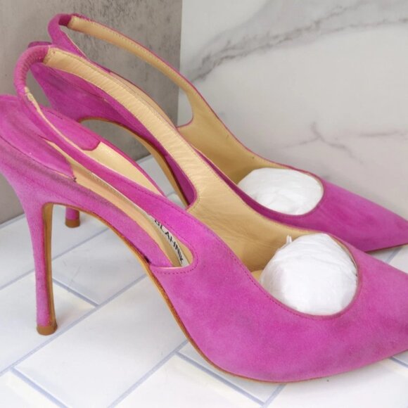 Manolo Blahnik Allura Pink Suede Slingback Pumps Pointed Toe Heels - Picture 3 of 14